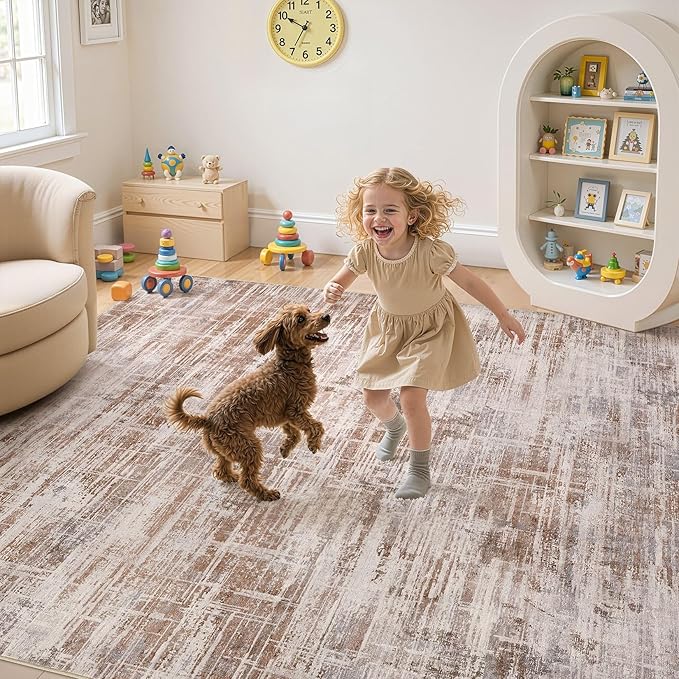 Area Rug for Living Room: 5x7 Washable Neutral Abstract Modern Soft Rugs Non Slip Indoor Floor Stain Resistant Carpet for Bedroom Dining Room Office Nursery - Red Brown