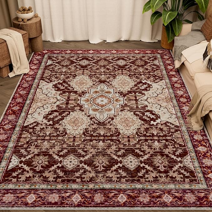 AMTOVO Area Rugs 5'x7' Washable Non-Slip, Vintage Boho Distressed Print Pattern Rugs for Living Room, Soft Low Pile Carpet for Bedroom Indoor Playroom Nursery Farmhouse Dining Room, Vintage Red