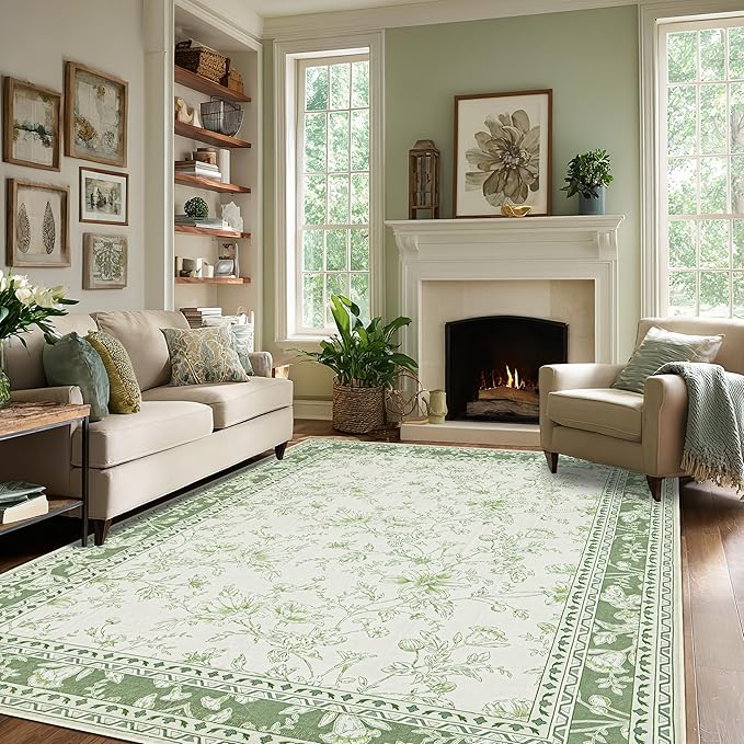 Green Area Rugs 6x9 Living Room Washable Boho Vintage Sketch Floral Sage Cream Beige Rugs for Bedroom Non Slip Soft Carpet for Dining Room Kids Girls Nursery, Lounge Peony Lily Pattern Floral Rug