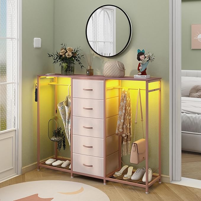 Dresser for Bedroom with Clothes Rack 5 Drawer Dresser with Charging Station LED Lights White Chest of Drawers Flexible Shelf and Open Storage Space for Bedroom Living Room (Pink)