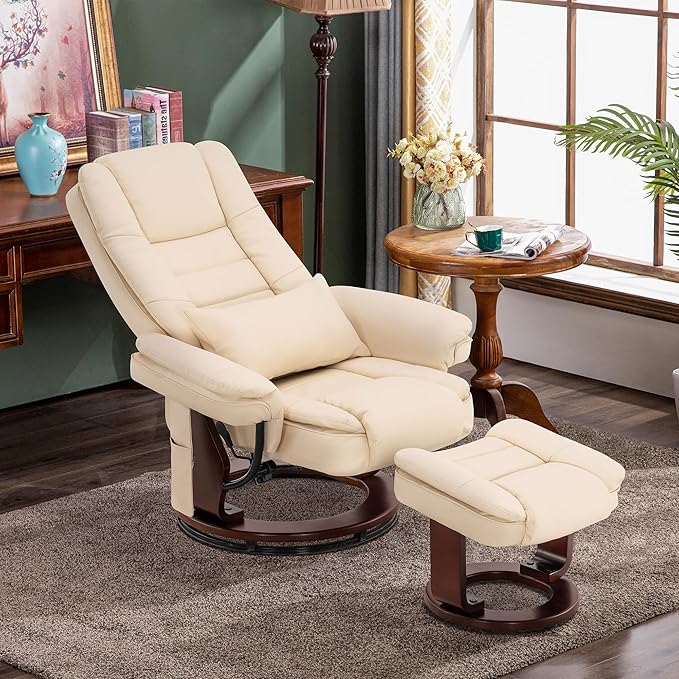 MCombo Swivel Recliner with Ottoman Chair, TV Chair Sets with Vibration Massage, for Small Space Living Room Bedroom 9096 9099 (Faux Leather, Cream White)