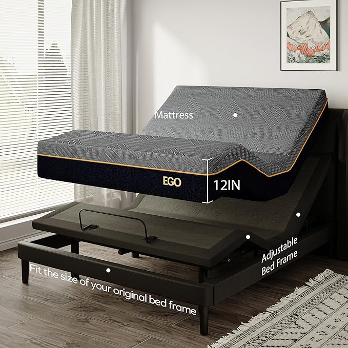EGOHOME Adjustable Bed Frame Full and 12" Memory Foam Mattress, Independent Head and Foot Incline Electric Bed with Massage, Wireless Remote, Zero Gravity, USB Ports, Adjustable Legs, No Headboard