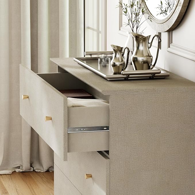 WAMPAT 3-Drawer Kids Dresser for Bedroom, Modern Small Chest of Drawers with Gold Knobs, 35 Inch Wide Linen Printed Finish Wood Children Dresser for Baby Room, Nursery, Living Room, Dark Beige