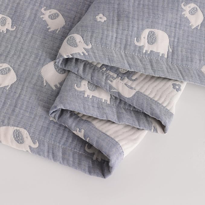 NTBAY 3 Layer Muslin Cotton Toddler Blanket, Jacquard Reversible Nursery Bed Blanket, Super Soft and Thermal for All Seasons, Decoration Gift, 30"x40", Blue Elephant