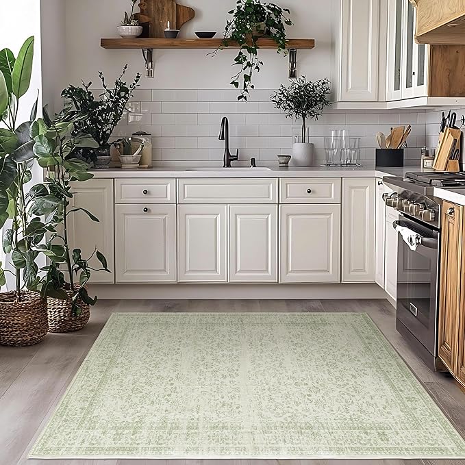Boho Font Door Mat for Indoor Entrance Washable Non Slip Vintage Floral Aesthetic 3x5 Area Rugs for Entryway Entry,Sage Green