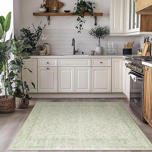 Boho Font Door Mat for Indoor Entrance Washable Non Slip Vintage Floral Aesthetic 3x5 Area Rugs for Entryway Entry,Sage Green