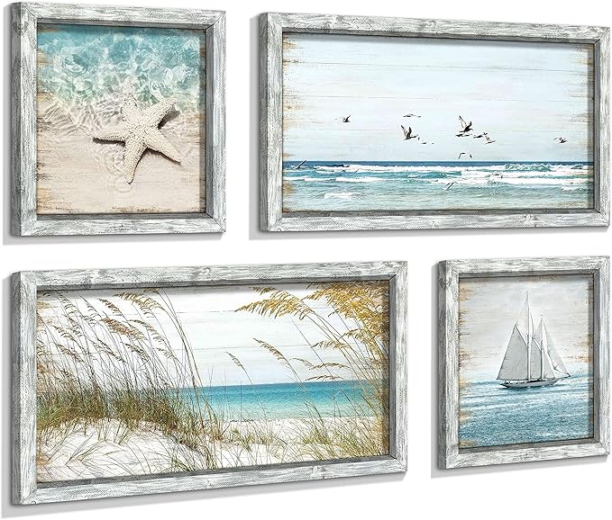 Beach Framed Wooden Pictures Wall Art: Coastal Art Set of 4 Seascape Prints Starfish Pictures Ocean Artwork for Bedroom Overall 36"W x 24"H