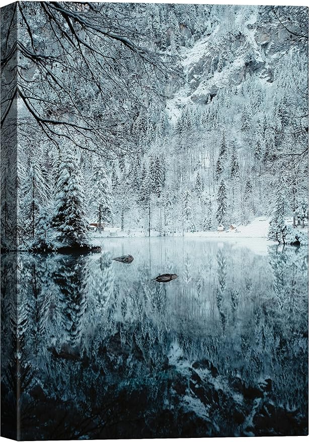 SIGNWIN Canvas Wall Art Woodland Nursery Decor Magical Winter Reflection Lake Nature Forest Photography Realism Rustic Scenic Dramatic Multicolor Cool for Living Room - 16"x24" inches