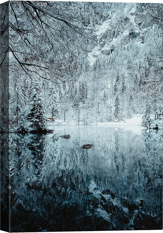 SIGNWIN Canvas Wall Art Woodland Nursery Decor Magical Winter Reflection Lake Nature Forest Photography Realism Rustic Scenic Dramatic Multicolor Cool for Living Room - 24"x36" inches