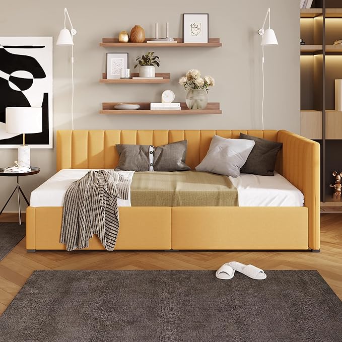 Harper & Bright Designs Upholstered Daybed with 2 Storage Drawers Twin Size Sofa Bed Frame No Box Spring Needed, Linen Fabric (Yellow)
