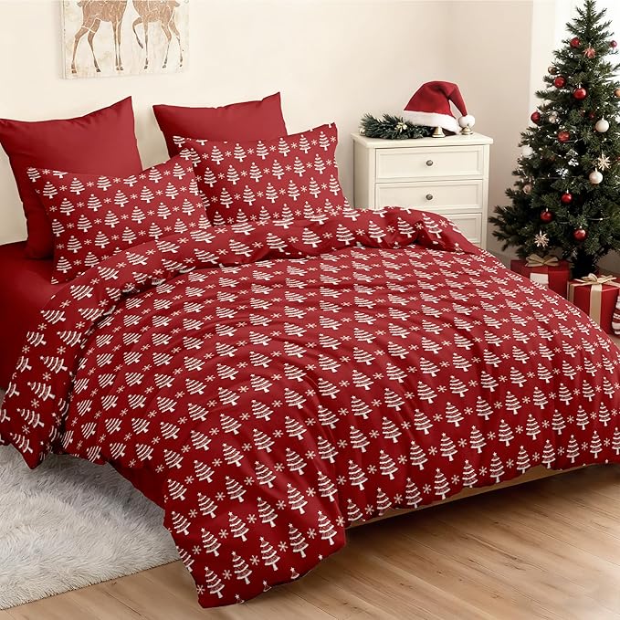 Red Christmas Duvet Cover King Xmas Bedding Set Pine Tree Snowflakes Pattern, Christmas Theme Bedding for Guest Room Bedroom Decor Soft Microfiber Comforter Cover with 2 Pillowcases