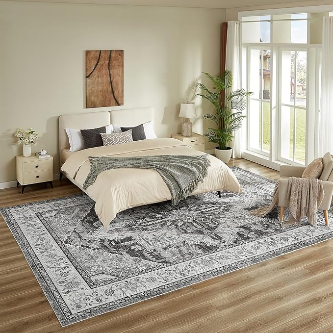 WITSHOCK Gray Living Room Rugs 12x15: Washable Vintage Boho Distressed Soft Non-Slip Low Pile Stain Resistant Foldable Carpet for Bedroom Playroom Dining Room Office, Thin Accent Farmhouse Home Decor