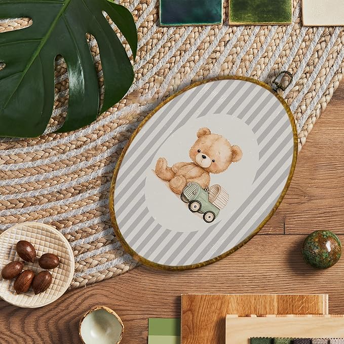 shiviody Vintage Bear Nursery Canvas Wall Art Decor, Bear Nursery Decor, Grey Striped Wild Animal Oval Hanging Frame Prints Decorations for Kids Toddler Room Bedroom Playroom 8.6"x11.4"
