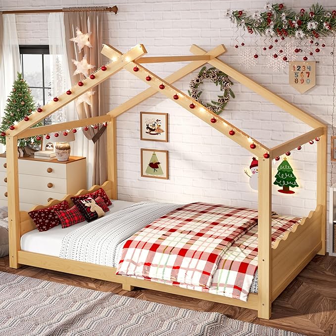 Full Size Wooden House Floor Bed - Kids Bed Frame with Roof & Support Slats for Bedroom, No Box Spring Needed, Easy Assembly (Natural)