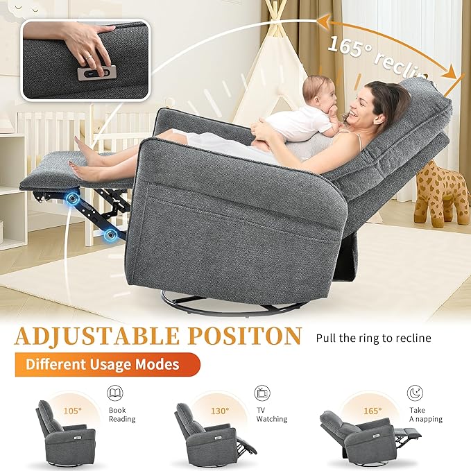 Power Swivel Rocker Recliner Chair for Nursery, Upholstered Snowflake Velvet 270°Swivel Glider Rocker Chair with USB Ports, Small Power Recliners for Small Spaces Living Room