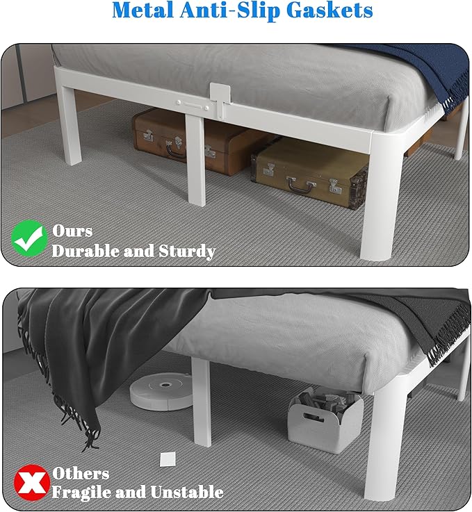 12 Inch King Size Bed Frame with Metal Gaskets, White Bed Frame King Size No Box Spring Needed, Heavy Duty Steel Platform Support, Round Corner Design, Reserved Holes, Noiseless, Storage Space