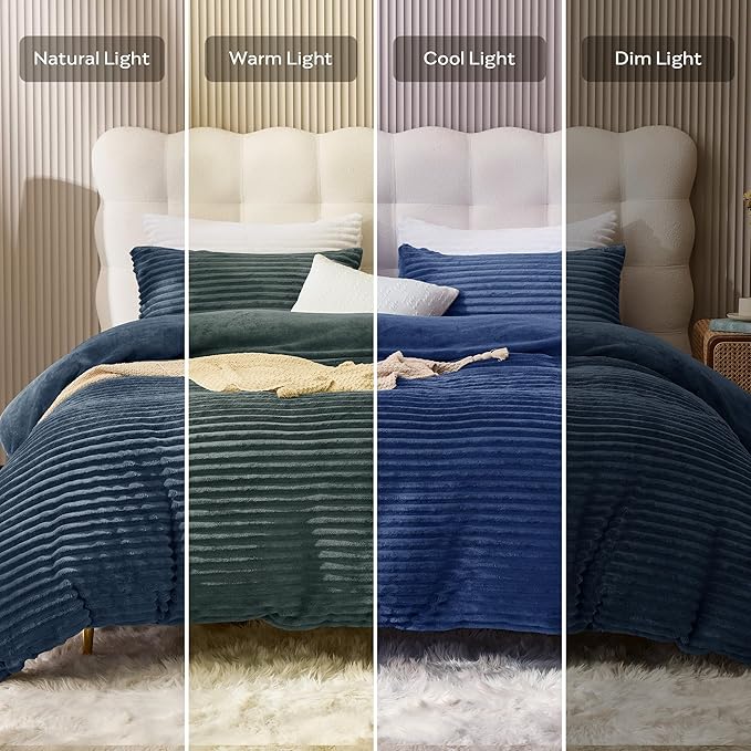 JELLYMONI Plush Duvet Cover Set - Queen Size Navy Blue Striped Fluffy Comforter Cover 3pcs Bedding Set Luxury Ultra Soft Faux Fur Duvet Cover with Zipper and 2 Pillowcases (NO Comforter)