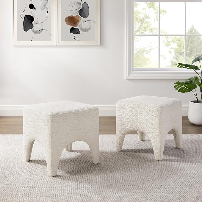 17" Boucle Modern Square Foot Stool Ottoman, Vanity Stool for Makeup, Rectangle Foot Rest for Couch, Upholstered Ottoman Stool for Living Room, Bedroom, Entryway (2, White)