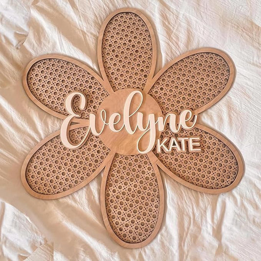 Personalized Boho Wooden Personalized Initial & Name Sign, 3D Layered Letter Rattan Wall Decor for Nursery or Child's Bedroom - Baby Shower, Newborn, Girl or Boy's Birthday Gift