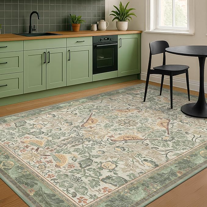 Washable Living Room Rug 6x9 - Sage Floral Nature Rugs for Bedroom, Dining Room Kitchen Table Rug for Under Table, Office, Stain Resistant Non-Slip Large - Sage Green