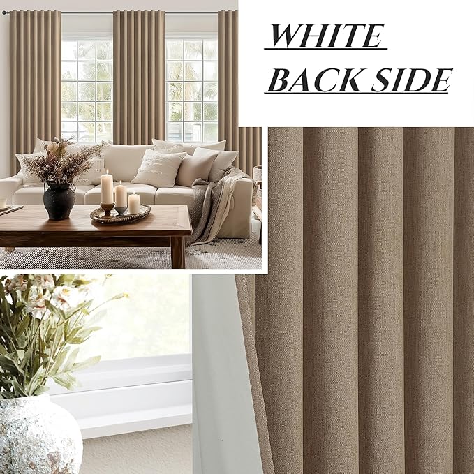 100% Blackout Curtains 86 Inch Length 2 Panels Set Farmhouse Style for Bedroom Windows/Living Room Thermal Insulated Neutral Boho Drapes Linen Blend Chocolate RustBrown Long Hook Belt Pleated