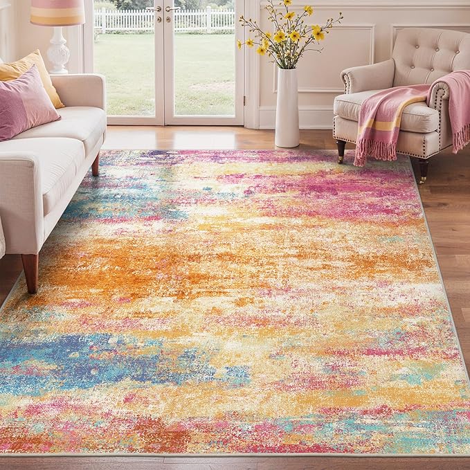 5x7 Area Rugs Washable Pink Rug for Living Room Nursery, Modern Abstract Large Rug Non Slip, Water Repellent Low Pile Soft Carpet for Bedroom, Dining Room, Home Office, Colorful Pink
