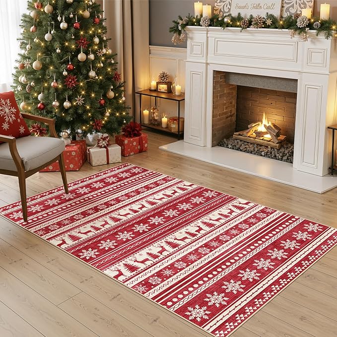 Area Rugs for Living Room Washable Living Room Rug Soft Neutral Indoor Floor Carpet Non-Slip Stain Resistant Modern Boho Rugs for Bedroom Dining Room Kids Room Nursery Office Home Red