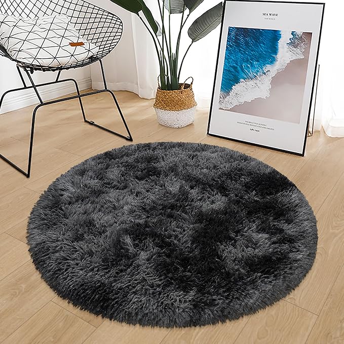 Black Round Rug 3ft Circle Rug Fluffy for Bedroom,Tie Dyed Soft Shaggy Plush Round Carpet for Kids Girls Boys Room Baby Nursery Living Room Playroom Home Décor Washable