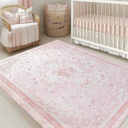 Pink Area Rugs for Bedroom Nursery 6x9 - Teen Girls Coquette Cute Room Decor Aesthetic Washable Vintage Cottage Core Floral Bow Dorm Rug for College Playroom