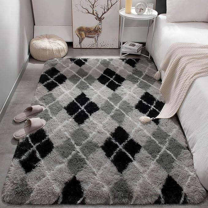Meralax Black and Grey Checkered Area Rug, Geometric 4x6 Soft Fluffy Rugs for Living Room Bedroom, Machine Washable Shaggy Rugs Indoor Floor Carpet for Kids, Girls, Dorms, Home Decor Aesthetic