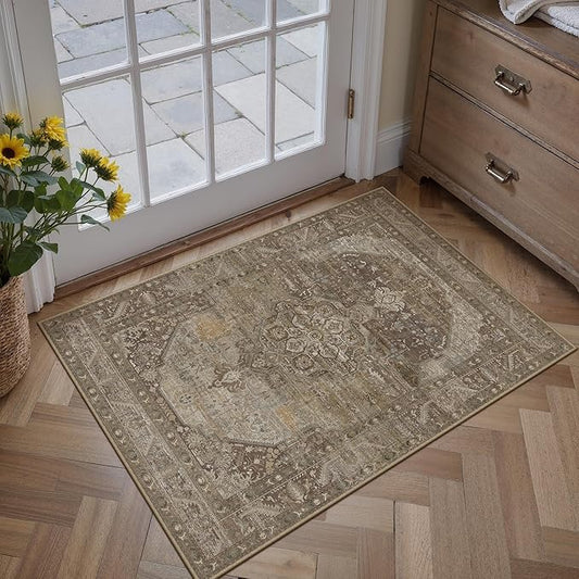 2x3 Brown Washable Vintage Area Rug for Living Room Bedroom Non Slip Distressed Traditional Soft Throw Rug Low Pile Lightweight Floral Doormat Entryway Dining Laundry Room Kitchen
