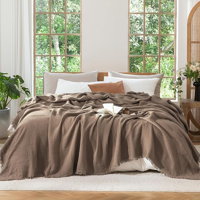 MooMee Muslin Blanket - 100% Cotton 4-Layer Gauze Throw Blanket with Tassels Ultra-Soft Breathable Lightweight Cooling for Bed Couch (Brown, Queen 90" x 90")