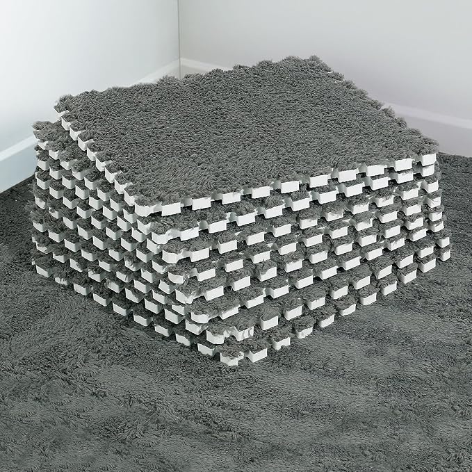 12 pcs Thickened Plush Foam Interlocking Floor Mat, Interlocking Foam Tiles with Edgings for Kids, Soft Anti-Slip Puzzle Area Square Rug Playmat for Children Room Bedroom(11.8", Gray)