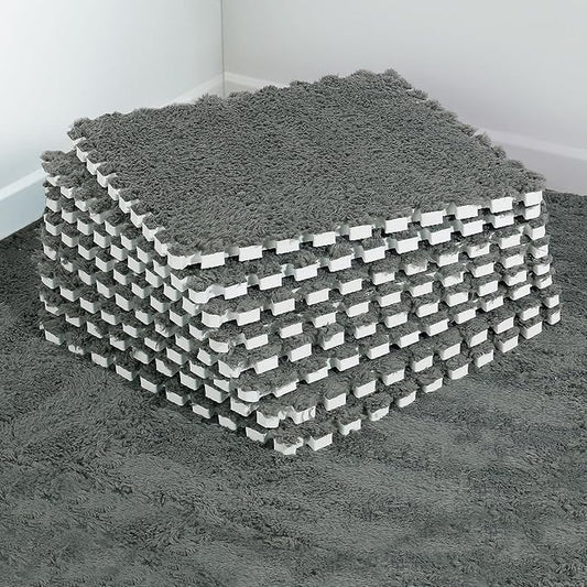 12 pcs Thickened Plush Foam Interlocking Floor Mat, Interlocking Foam Tiles with Edgings for Kids, Soft Anti-Slip Puzzle Area Square Rug Playmat for Children Room Bedroom(11.8", Gray)