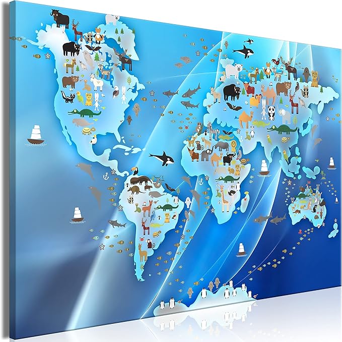 artgeist Textured Canvas Wall Art World Map for Children 35x24 in - 1pcs Painting Canvas Prints Picture Artwork Image Framed Contemporary Wall Home Map Kindergarten Animals Blue k-C-0138-b-a