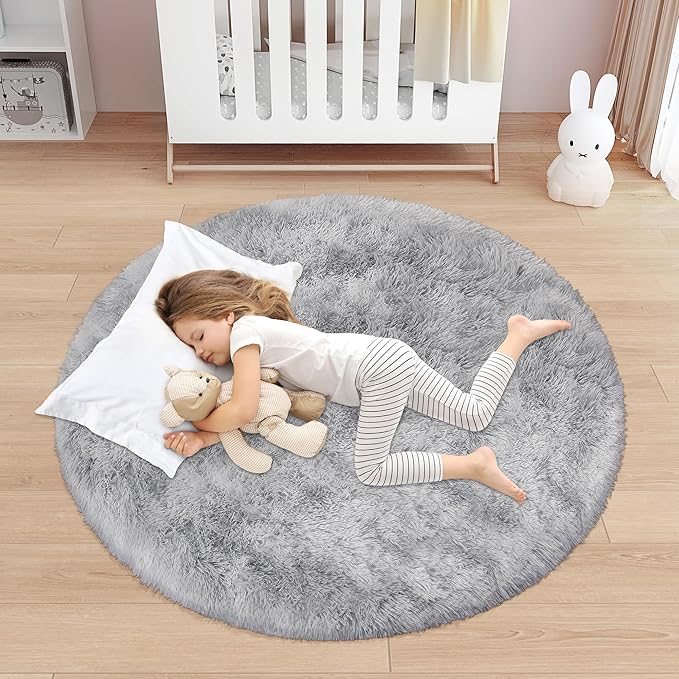 4 ft Round Fluffy Grey Rug for Bedroom,Tie Dyed Furry Round Carpet Non Slip Gray Fuzzy Shaggy Plush Circle Area Rug Rug for Living Room Room Nursery Room Playroom Kids Room Home Decor Washable