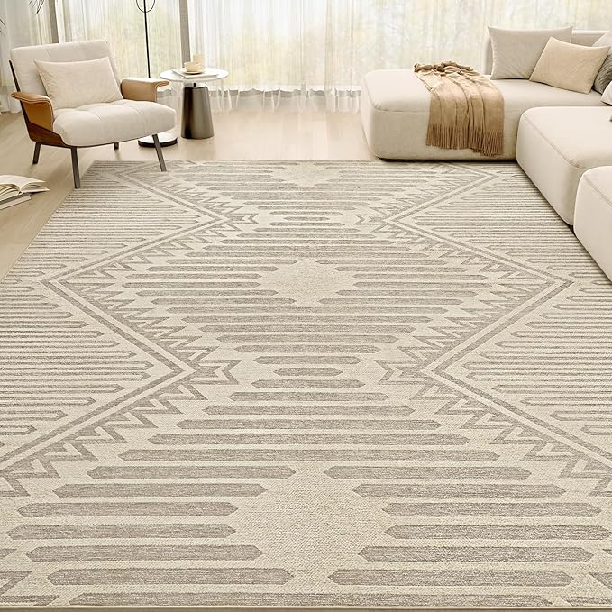 Boho Beige 8x10 Area Rugs Textured Tufted Rugs for Living Room Bedroom Nursery Rug-Carpet Washable Cream Neutral Modern Geometric Moroccan Aztec Rug