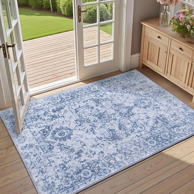 Area Rug 2x3, Washable Rug for Entryway Indoor, Small Area Rug for Living Room Entrance, Vintage Rug for Bedroom Doormat, Non Slip Soft Low Pile Carpet for Kitchen, Hallway, Office, Blue
