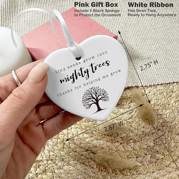 Heart Shaped Christmas Ornament-Teacher Day Appreciation Gift-Thanks for Helping Me Grow Quote-Teachers Week Birthday Inspirational Keepsake Decoration for Classroom or Office