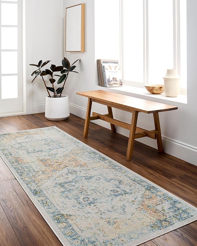 Mark&Day Washable Rugs, 9x12 Hollenberg Traditional Slate Area Rug, Blue Silver Carpet for Living Room, Bedroom or Kitchen (9'2" x 12'4", Machine Washable)