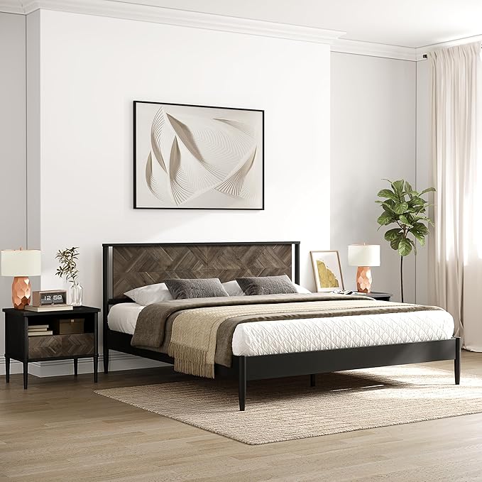 Lenia 14 Inch Solid Wood Bed Frame with Headboard, Rustic Farmhouse King Platform Bed, Acacia Wood, No Box Spring Needed, Mocha Black, Queen Size (Lenia Collection)
