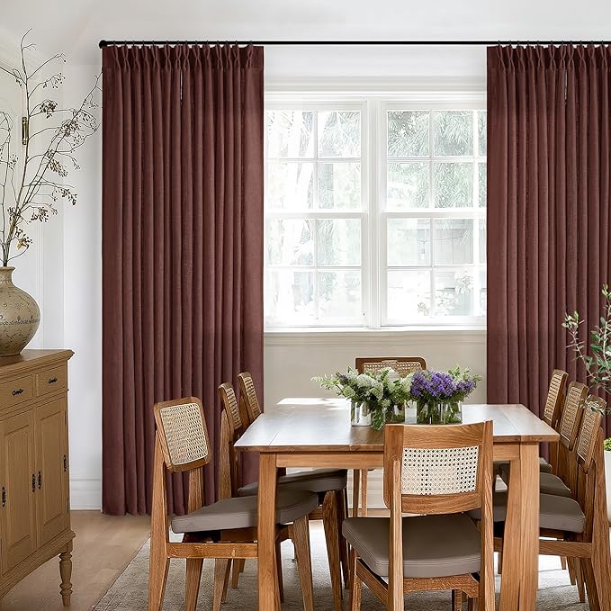 Chestnut Brown Linen Pinch Pleated Curtains 120 Inches Long for Living Room Pleated Drapes Back Tab Thick Linen Dark Terracotta Rust Farmhouse Country Extra Long 120 Inch Curtain for Dining Bedroom