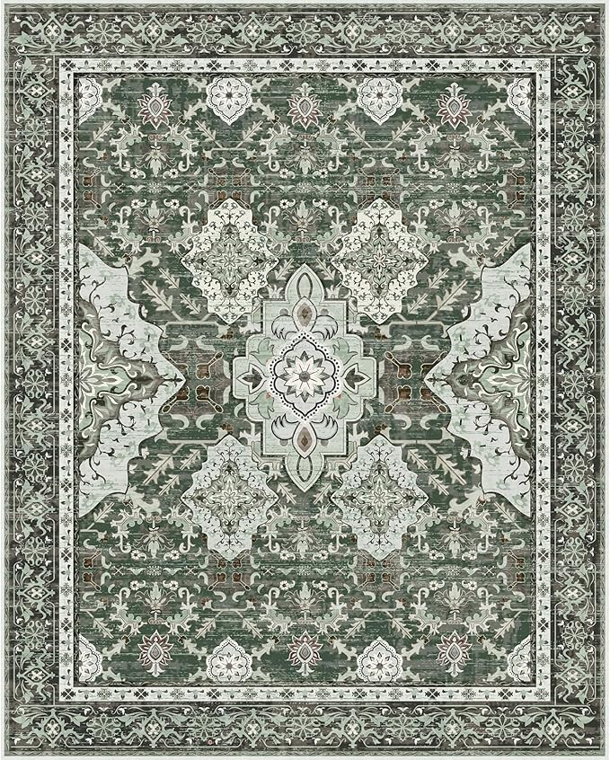 AMTOVO 8x10 Area Rugs for Living Room, Non-Slip Large Boho Vintage Medallion Floral Retro Print Pattern Carpet for Bedroom Dining Room Home Office Nursery Dorm Farmhouse, Dark Green