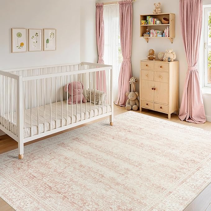 Nursery Rug for Baby Girl Neutral Blush Pink Boho Floral Washable Soft Faux Wool Area Rugs for Living Room Bedroom,5x8