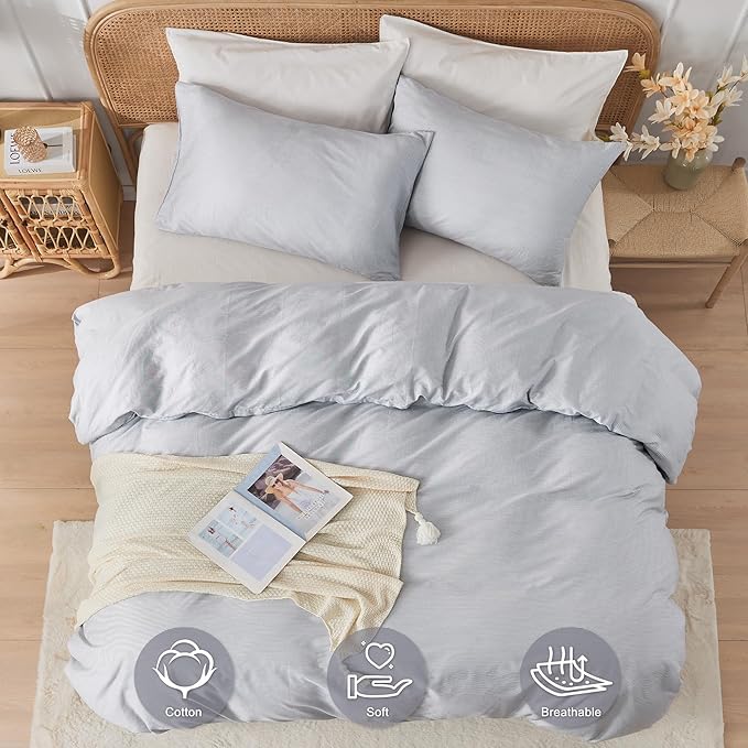 JELLYMONI 100% Natural Cotton 3pcs Striped Duvet Cover Sets,Blue Duvet Cover with Thin White Stripes Pattern Printed Comforter Cover,with Zipper Closure & Corner Ties(Full Size)