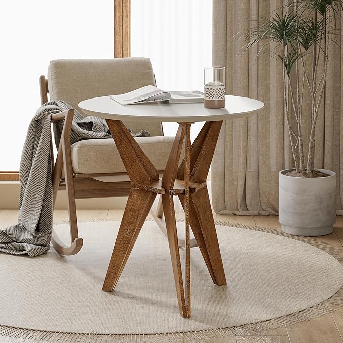 COZAYH Farmhouse End Table Distressed Wood Side Table with Crisscross Legs and X Legs, Accent Table with White Top and Tripod Base for Living Room, Office, Boho Decor, Modern Rustic, Nature, Round