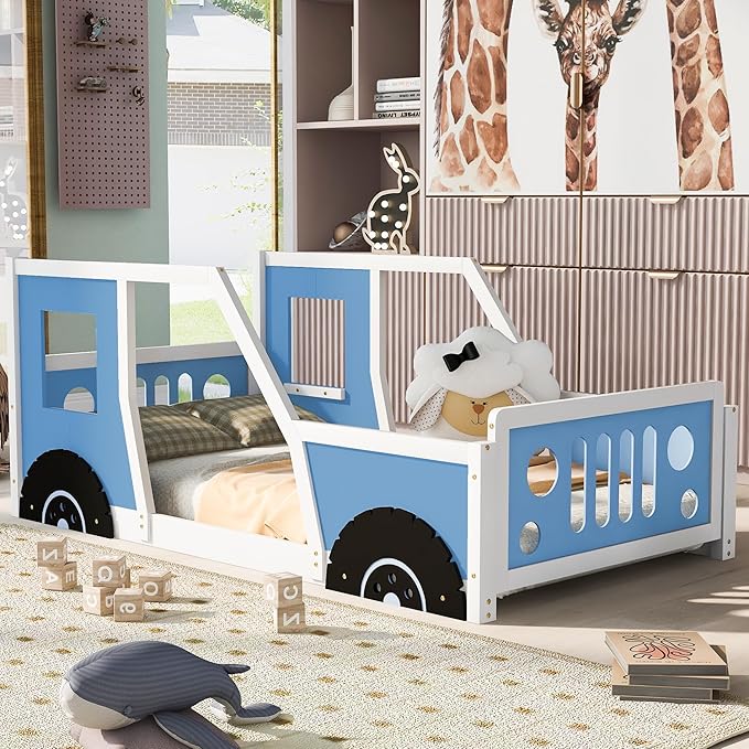 Twin Size Car Bed, Wood Floor Bed Frame with Headboard & Footboard and 4 Side Rails, Kids Racecar Bed for Boys Girls Teens, Blue
