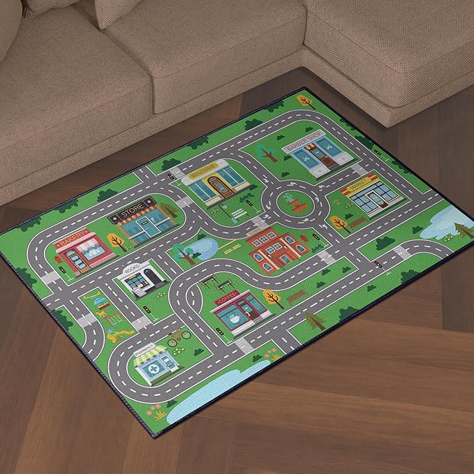 Play Rug for Playroom 59"x39" Car Mat Town City Road Map for Bedroom Fun Car Play Area Carpet Non-Slip Washable