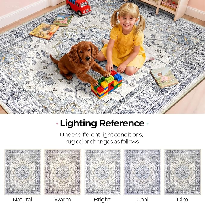 Machine Washable Rugs Nursery Rug 3x5 Cute Girl Non Slip Low Pile Water Repellent Soft Print Pattern for Bedroom Indoor Decor Kids Playroom Bluewhite