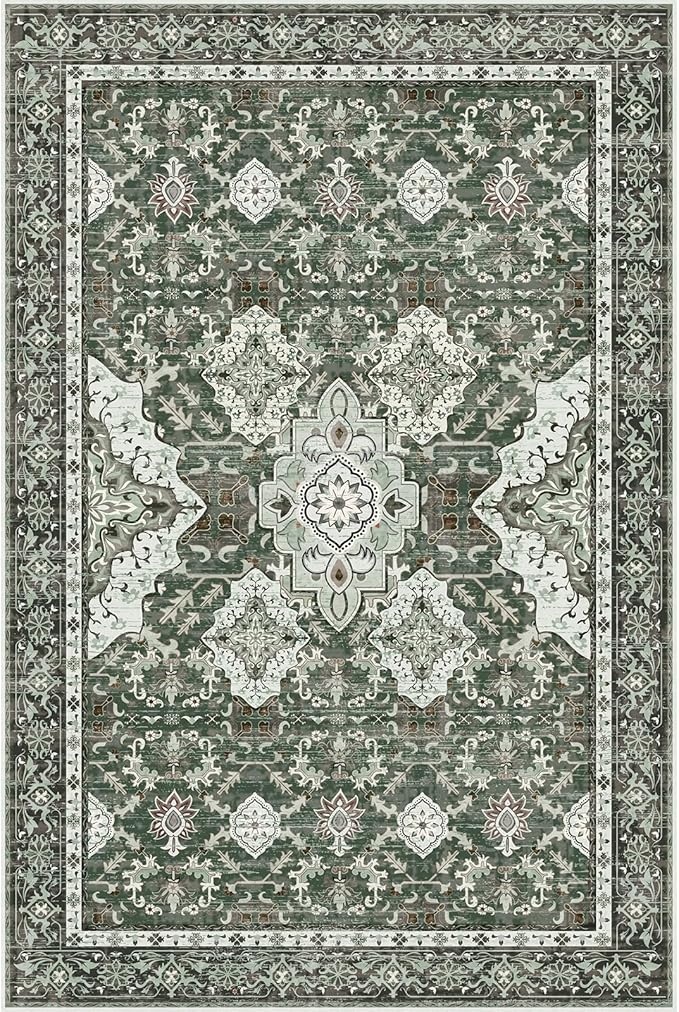 AMTOVO 6x9 Washable Area Rugs for Living Room, Non-Slip Boho Vintage Accent Medallion Print Pattern Carpet for Bedroom Dining Room Home Office Nursery Dorm Farmhouse, Dark Green